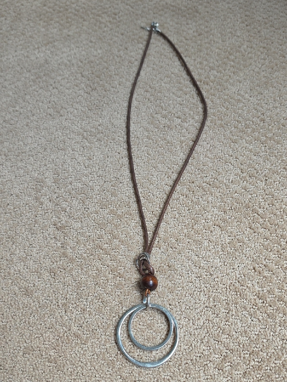 Women’s Brown Cord Necklace with Silver Double Hoop Pendant